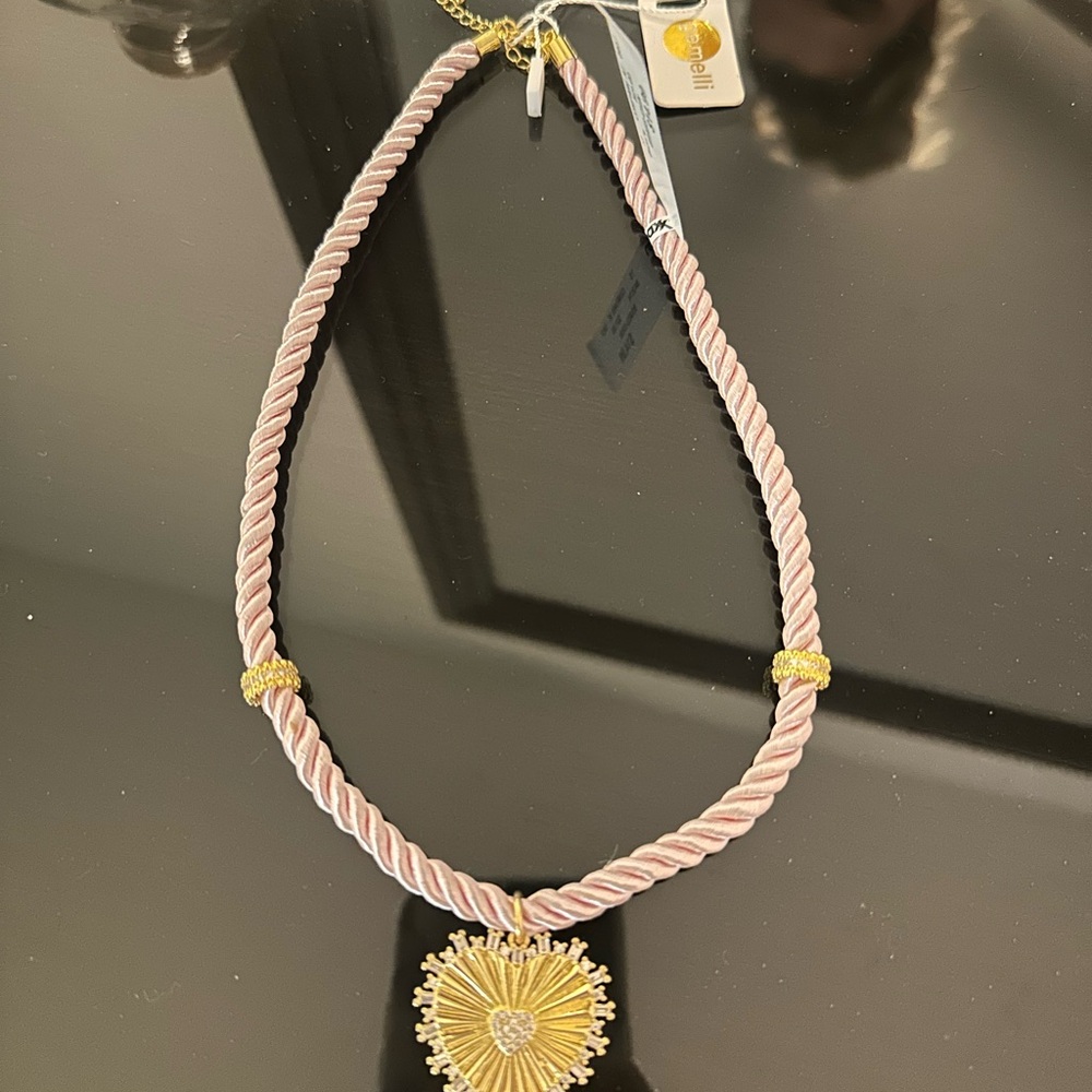 Gemelli Pink Rope Necklace with Gold Sunburst heart Pendant